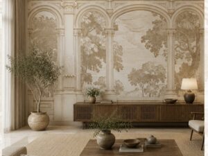 Elegant wallpaper mural featuring classical stone arches framing a serene landscape in soft beige and warm neutral tones.