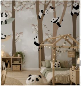Adorable kids' wallpaper mural featuring playful pandas climbing trees in a blooming forest with soft neutral colors for a nursery or children's bedroom.