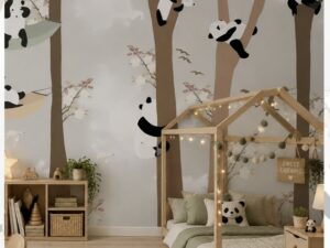 Adorable kids' wallpaper mural featuring playful pandas climbing trees in a blooming forest with soft neutral colors for a nursery or children's bedroom.