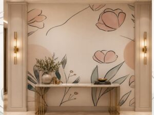 Contemporary floral wallpaper featuring minimalist line art flowers and leaves in soft blush, sage green, and beige tones on a neutral background.