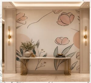 Contemporary floral wallpaper featuring minimalist line art flowers and leaves in soft blush, sage green, and beige tones on a neutral background.