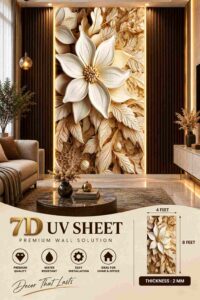 Premium 7D UV sheet featuring a large white floral design with layered cream and golden leaves, displayed as a luxury illuminated feature wall in a modern living room.