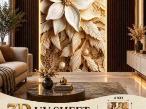 Premium 7D UV sheet featuring a large white floral design with layered cream and golden leaves, displayed as a luxury illuminated feature wall in a modern living room.