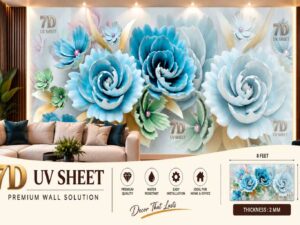 Blue and white floral 7D UV sheet wall design with large decorative flowers in a luxury living room.