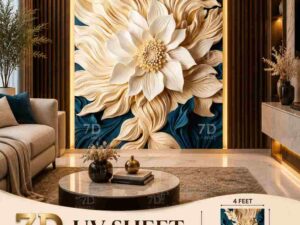 Ivory and cream floral 7D UV sheet wall design with large sculpted flowers against a deep blue background.