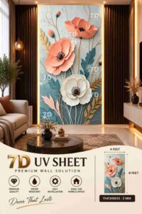 Premium 7D UV sheet wall panel featuring large coral and white flowers, blue-green leaves, gold botanical details, and warm LED lighting in a modern living room.