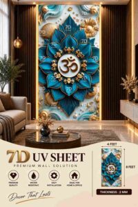 Blue and gold lotus-inspired 7D UV sheet wall design with an Om symbol in a luxury living room.