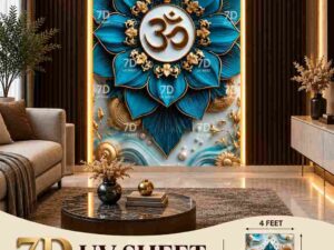 Blue and gold lotus-inspired 7D UV sheet wall design with an Om symbol in a luxury living room.
