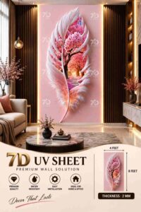 Premium 7D UV sheet featuring a pink floral tree landscape enclosed within elegant white feather-shaped detailing, displayed as a backlit living room feature wall.