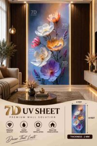 Colorful floral 7D UV sheet featuring white, orange, pink, purple, and blue flowers on a soft blue background in a luxury living room.