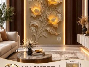 Elegant 7D UV Sheet featuring a raised floral design with glowing golden-yellow flowers, delicate leaves, and a warm beige background in a luxury living room.