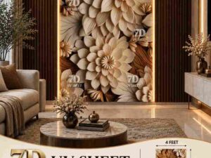 Beige and brown floral 7D UV sheet featuring layered flowers and leaves in a luxurious living room feature wall