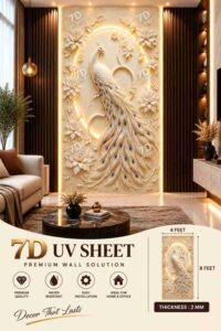 Luxury 7D UV sheet featuring an elegant white peacock with golden feather details in a grand decorative archway, displayed as a statement wall in a modern living room.