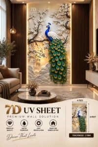 Premium 7D UV Sheet featuring a vibrant peacock surrounded by white floral branches and decorative waves in a luxury living room.