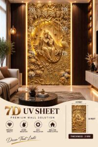 Luxury 7D UV sheet featuring a golden 3D Radha Krishna design with peacock, floral motifs, and a tree-inspired background in a modern living room.