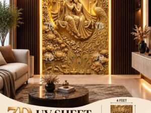 Luxury 7D UV sheet featuring a golden 3D Radha Krishna design with peacock, floral motifs, and a tree-inspired background in a modern living room.