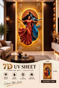 Luxury 7D UV sheet featuring Radha Krishna in a graceful dancing pose, surrounded by warm golden tones, displayed as a statement wall in a modern living room.