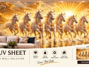 Golden 7D UV sheet featuring seven white horses running across a glowing sunset landscape with water reflections.