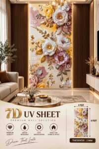 Luxury 7D UV Sheet featuring a vibrant floral design with white, yellow, pink, and peach flowers and golden leaves on a warm pastel background.