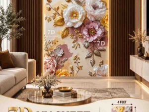 Luxury 7D UV Sheet featuring a vibrant floral design with white, yellow, pink, and peach flowers and golden leaves on a warm pastel background.