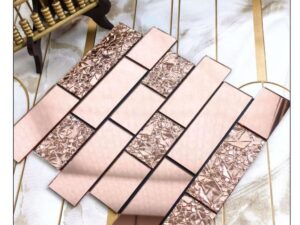 rose gold mosaic tiles with reflective metallic and textured square patterns