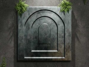Modern metallic wall panel with layered arch design in a dark textured finish, surrounded by green foliage.