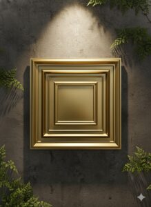 Luxury gold geometric wall panel with layered rectangular frames on a dark textured wall, illuminated by warm lighting and surrounded by greenery.