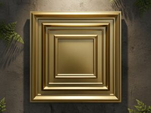 Luxury gold geometric wall panel with layered rectangular frames on a dark textured wall, illuminated by warm lighting and surrounded by greenery.