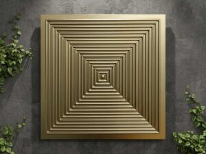 Golden geometric 3D wall panel with concentric square pattern on a dark textured wall surrounded by green foliage.
