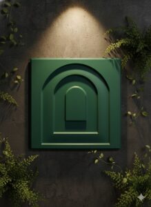 Green 3D geometric wall panel with layered arch design displayed on a dark textured wall with decorative greenery.