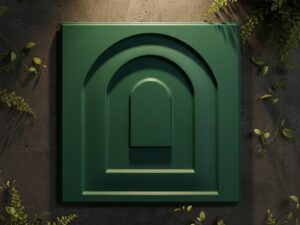Green 3D geometric wall panel with layered arch design displayed on a dark textured wall with decorative greenery.