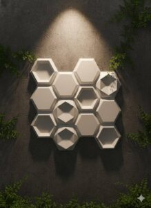 White 3D hexagon wall panel design with geometric recessed patterns on a dark textured wall.