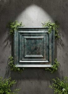 Dark metallic 3D wall panel with layered rectangular geometric frames, displayed on a textured grey wall with green foliage.