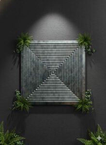 Modern metallic geometric wall panel featuring concentric square patterns, displayed on a dark textured wall with decorative green ferns.