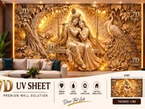 Luxury 7D UV sheet featuring a detailed Radha Krishna scene with a peacock, lotus flowers, and a tree in a warm golden living room feature wall.