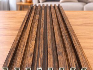 Brown wood-finish slatted wall panel displayed on a wooden table in a modern living room.